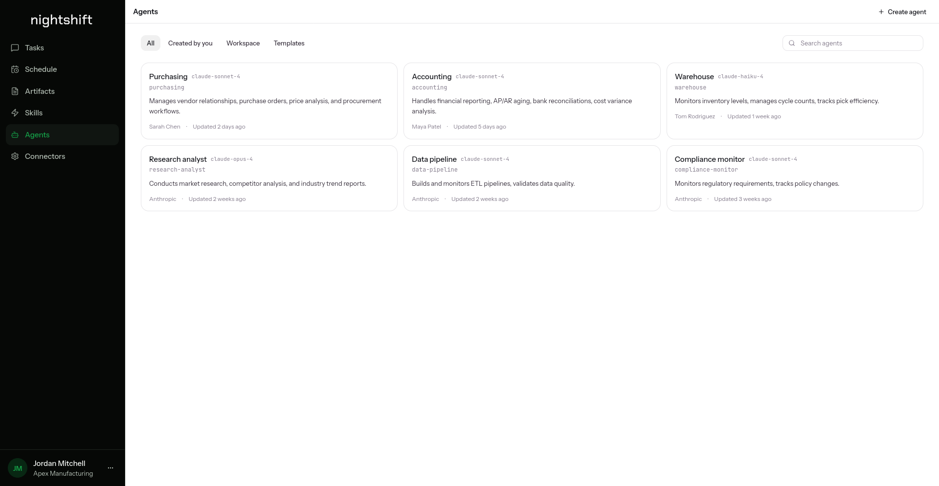 Agent library showing purpose-built agents per business domain