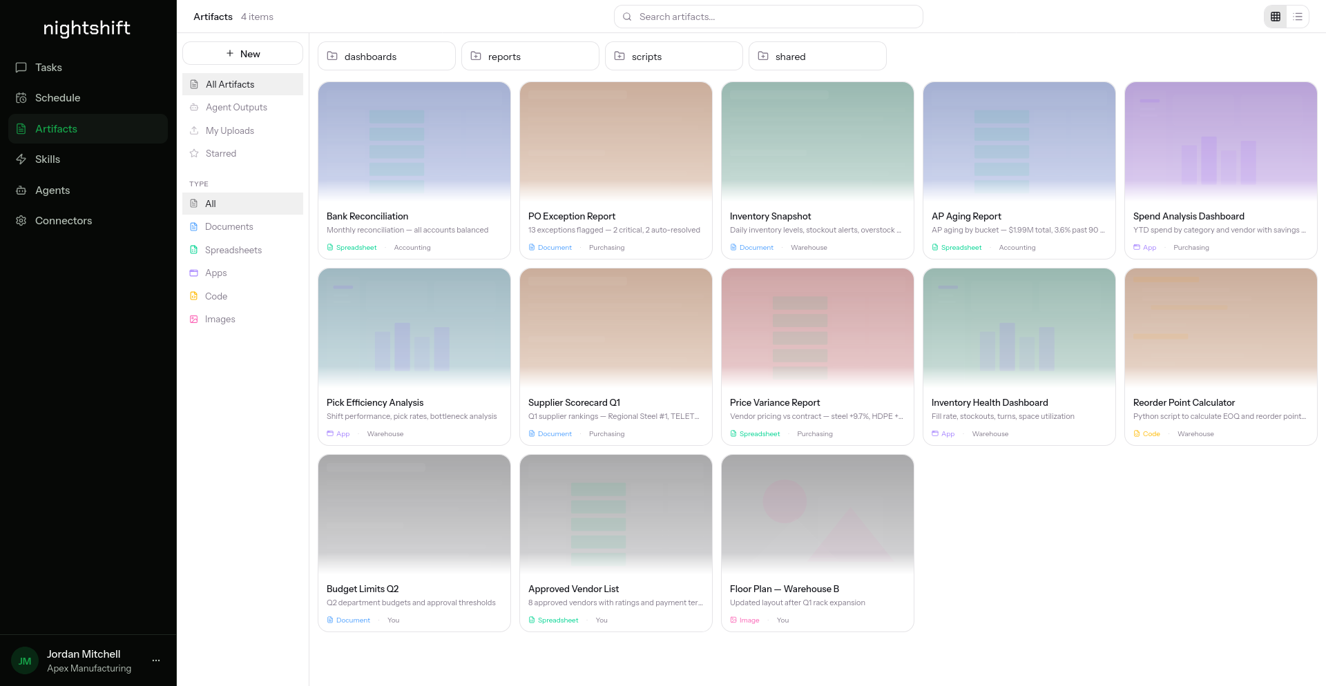 Artifacts library showing dashboards, reports, code, spreadsheets, and images