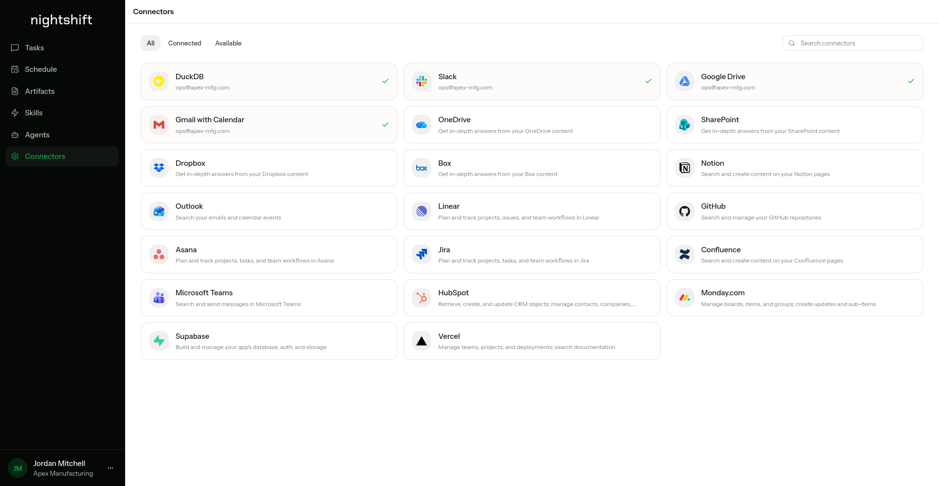 Connectors: Slack, Drive, Gmail, Notion, GitHub, Linear, and more