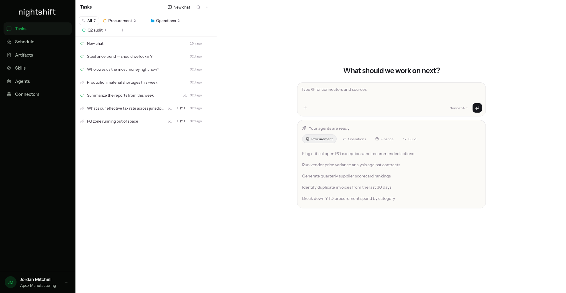 Nightshift tasks view: list of agent runs across the team